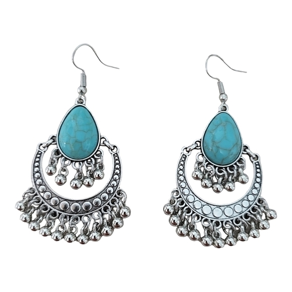 Turquoise Resin And Silver Tone Drop Boho Earrings - Picture 3 of 3